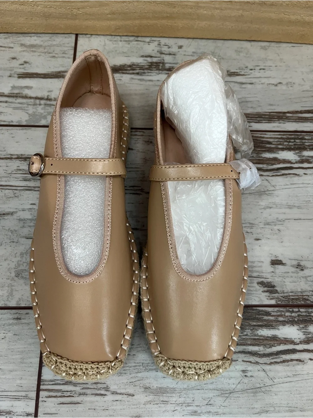Coutgo Beige Tan Square Toe Mary Jane Espadrille Flats Ankle Strap Womens 7 NWOT